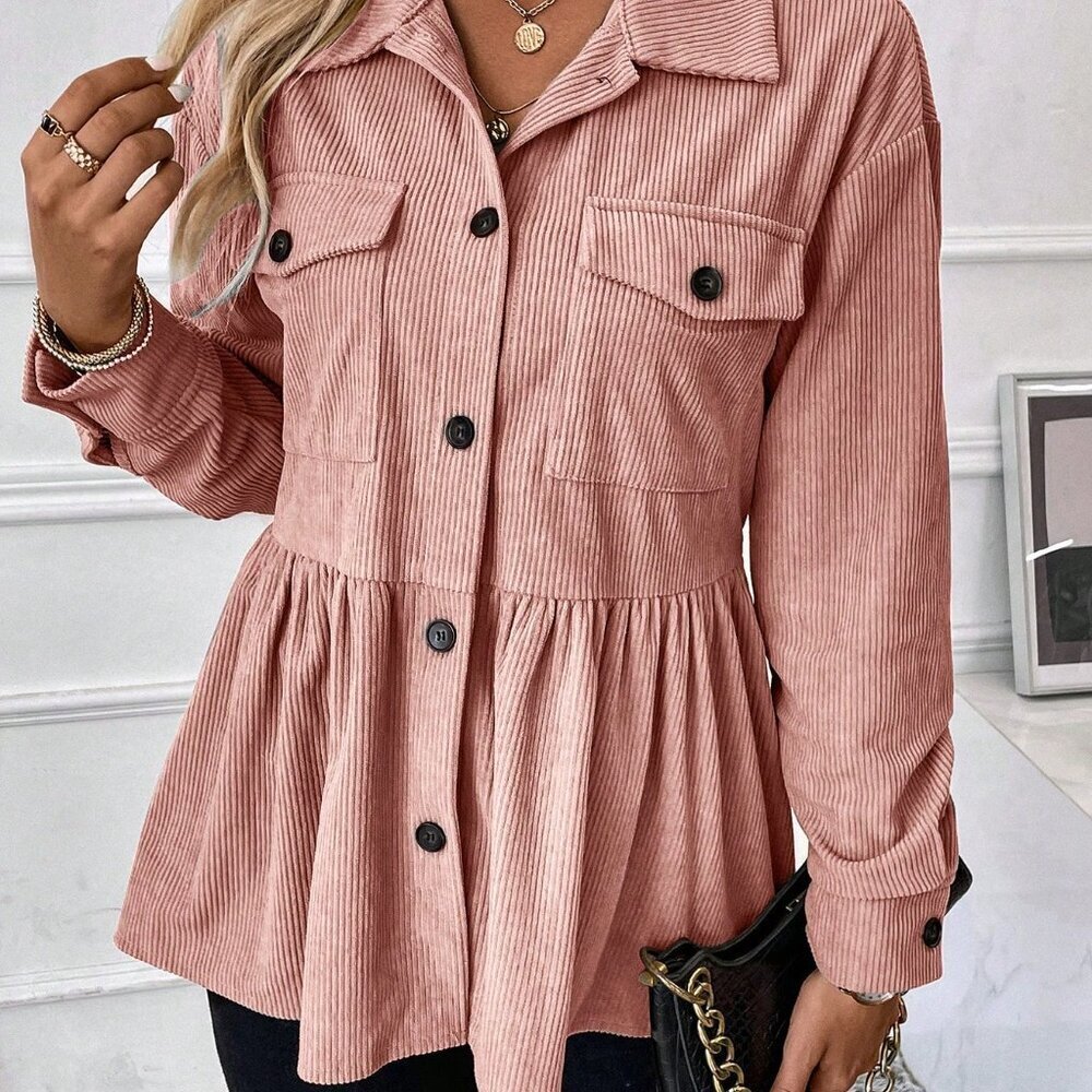 Baby Pink Casual Women's Front Button Ruffled Hem Jacket - Picture 5 of 7